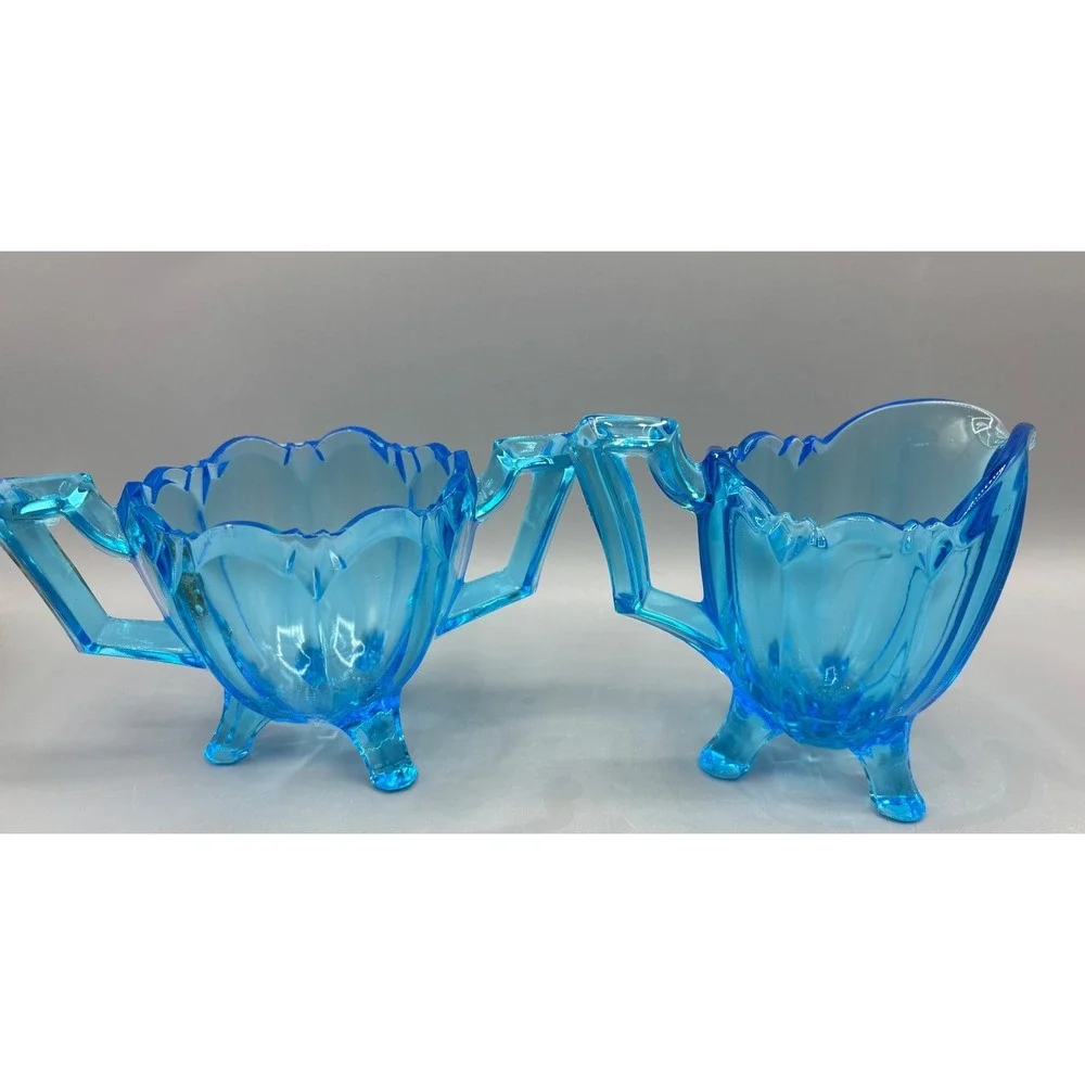 Vintage Indiana Colored Glass Colonial Electric Blue Cream Sugar‎ Set